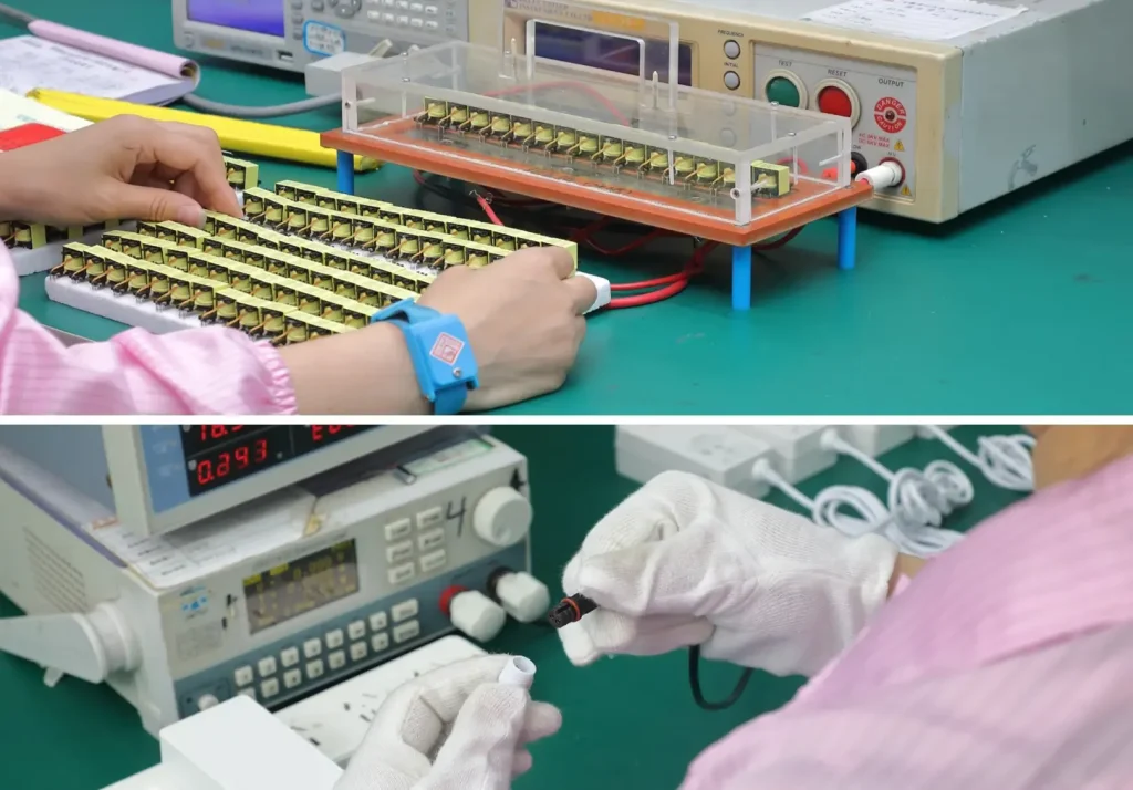 Engineer testing power adapter with oscilloscope and transformer at Shenzhen Xinjukang Technology (XJK Power) laboratory