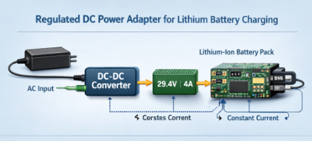 Diagram showing a regulated DC power adapter setup for lithium battery charging, illustrating AC input, DC-DC converter, stable 29.4V 4A output, and constant current flow to the lithium-ion battery pack.