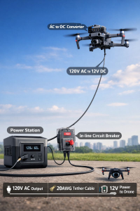 Tethered drone powered by a ground station via 120V AC tether cable, with in-line circuit breaker and onboard AC to DC converter supplying 12V to the drone.