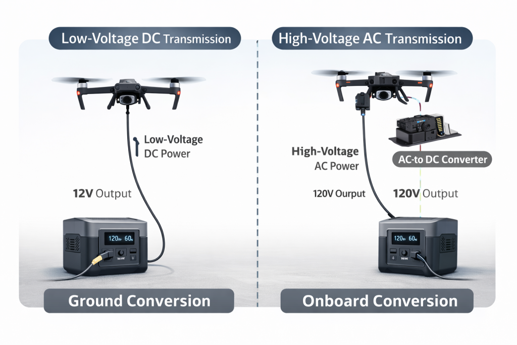 Comparison of tethered drone power transmission methods: ground-based DC conversion versus onboard AC to DC conversion