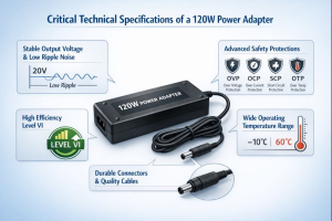 Illustration of a 120W power adapter highlighting key technical specifications including stable output voltage with low ripple noise, DOE Level VI high efficiency, advanced safety protections (OVP, OCP, SCP, OTP), wide operating temperature range from -10°C to 60°C, and durable connectors with quality cables.