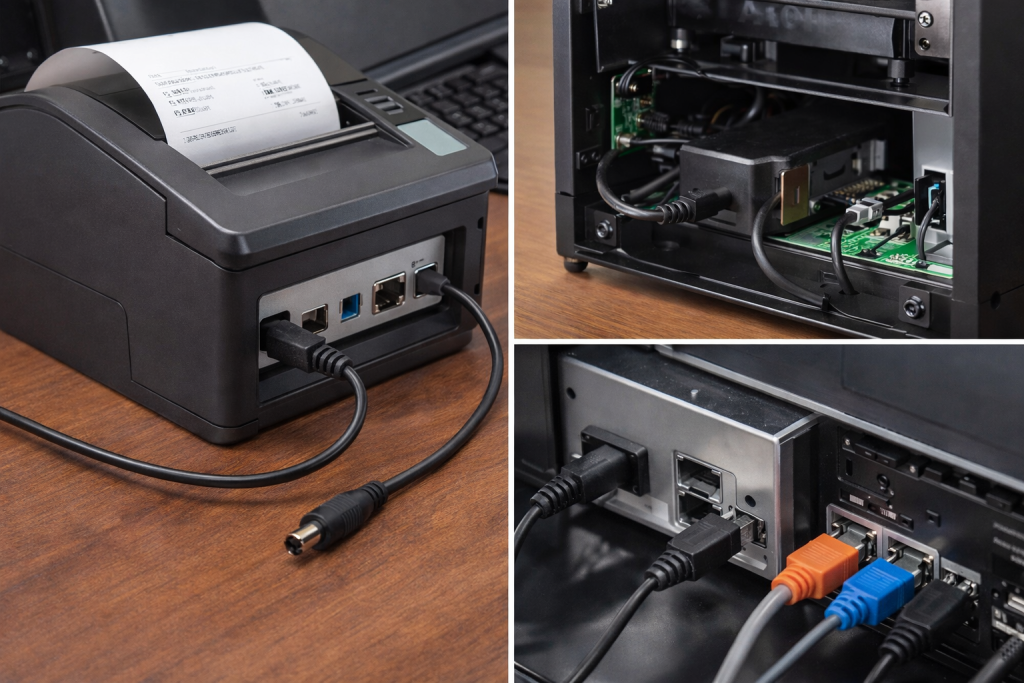 POS system and kiosk internal connections including thermal printer and power interface